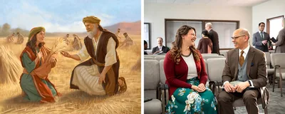 Collage: 1. Boaz talks with Ruth as she gleans in a field. 2. An elder talks with a sister at the Kingdom Hall.