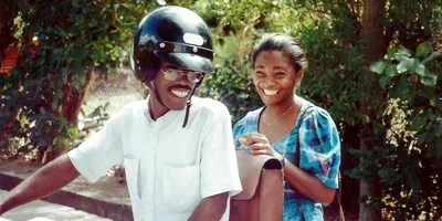 Jack and Marie-Line Bergame on a motorbike.