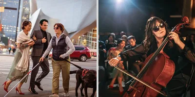 Collage: 1. A couple in a hurry are annoyed that a blind woman cuts them off on the street as they walk. 2. Later on, the same couple admire the blind woman who plays a cello at a concert.