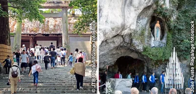 Visitors at the Grand Shrine of Ise in Japan and at the Grotto of Massabielle in Lourdes, France
