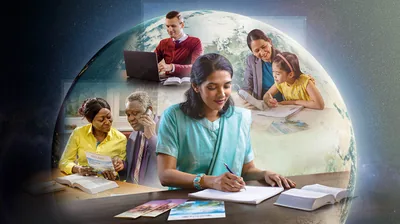 Collage: Brothers and sisters from various cultures happily participating in the preaching work. 1. A sister writes a letter. 2. A couple shares in telephone witnessing. 3. A brother types on a laptop computer. 4. A mother helps her young daughter write a letter.