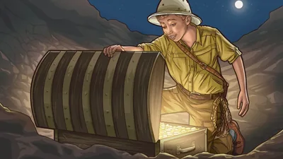 A young boy dressed as an explorer, excitedly opening a treasure chest.