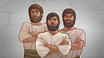 Three Israelite men standing in front of a stone wall with their arms crossed.