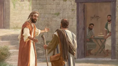 Barnabas kindly bringing Saul to meet some of the apostles at one of their homes. The apostles look skeptically at Saul as he approaches them.