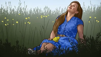 A scene from the video “The World Cannot Give You What It Does Not Have.” Sister Gainanshina sits in a field and looks up at the sky.