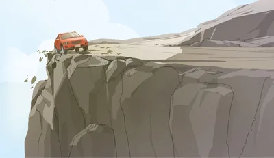 A car driving along the edge of a mountain road. The back of the car has started to veer off the edge.