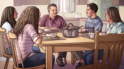 A scene from the video “Follow the Road Map to Family Peace​—Improve Communication.” The family enjoys a meal together.