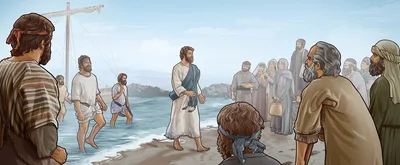 Jesus and his disciples walking from their boat toward a crowd of people waiting for them on the beach.
