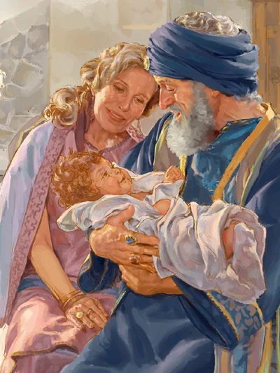 Job and his wife with a baby