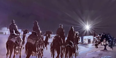 Astrologers following a star to the house where Joseph, Mary, and Jesus are living