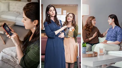 Collage: A sister trying repeatedly to show love to a friend whom she has offended. 1. The offended sister refusing to accept a phone call from her friend. 2. The offended sister refusing a gift from her friend. 3. The offended sister listening as her friend reassures her of her love.