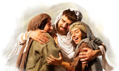 Lazarus embracing Martha and Mary