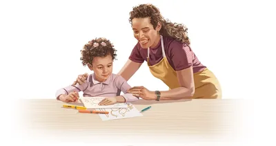 A mother commending her young daughter, who has just finished a drawing.