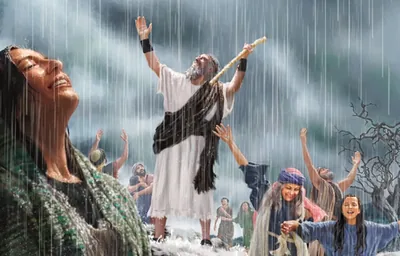 The prophet Elijah and other Israelites rejoicing in a downpour of rain