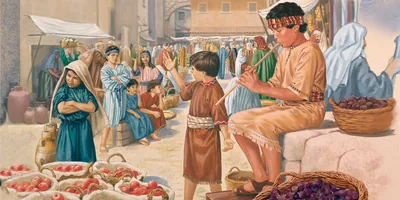 A boy plays the flute in the marketplace, but the other children refuse to dance
