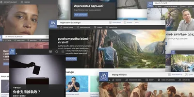 Screenshots of jw.org home pages featuring articles in different languages.