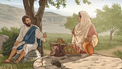 Jesus conversing with a woman at a well.