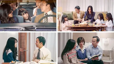 Collage: Scenes from the video “Teaching Our Children by Example.” 1. The Garcia family sit in their car, ready to go to a congregation meeting. 2. The family sit around a coffee table after arriving home from the meeting. They enjoy snacks and conversation. 3. Brother Garcia takes a break from his study to talk with one of his daughters. 4. Brother and Sister Garcia use the Bible to reason with one of their daughters.