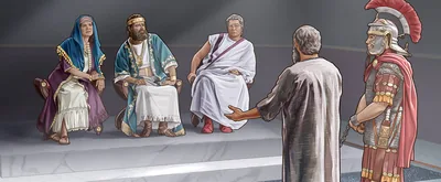 The apostle Paul, chained to a guard, respectfully speaking to King Agrippa, Governor Festus, and Bernice.