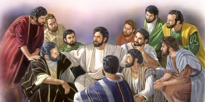 Jesus in the upper room with his 11 faithful apostles