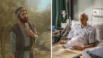 Collage: 1. A Levite prays fervently while in the wilderness. 2. A brother sits up in a hospital bed and prays with an open Bible on his lap.