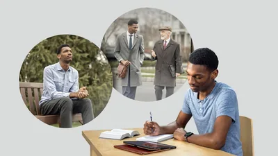 A young brother doing personal study. Collage: 1. He prays outdoors. 2. He listens to an older brother’s advice while they work together in the ministry.