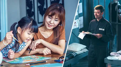 Collage: 1. A mother helps her young daughter to draw a picture of encouragement to send to a brother in prison. 2. The brother in prison smiles as he looks at the picture and letter he received.