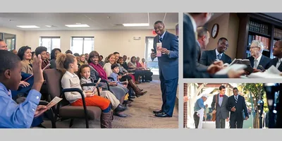 Collage: A circuit overseer visiting a congregation. 1. He conducts a meeting for field service. 2. He meets with the body of elders. 3. He works with a young brother in the ministry.