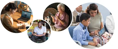 Collage: 1. A sister studies in her home. A sign-language video from jw.org plays on her computer. 2. A brother studies using his phone and earbuds while he is on a coffee break. 3. An elderly sister uses the “JW Library” app on her tablet. 4. A mother and her young son use the “JW Library” app on a tablet during a congregation meeting.