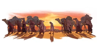 Joseph walking with a Midianite caravan on their way to Egypt.