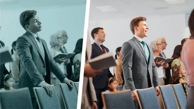 Collage: Contrasting scenes during a congregation meeting. 1. The earlier image of a young brother holding back from singing at a congregation meeting. 2. The young brother sings enthusiastically.