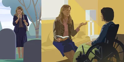 A woman grieves in a cemetery; a wheelchair-bound woman listens to the Bible’s message