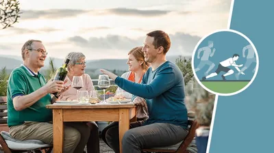 An icon of a runner stumbling to the ground during a race, next to an older brother offering his guest, a younger brother, more wine. The younger brother declines.