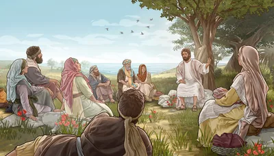 Jesus teaching a group of people near the water. Birds fly overhead, and wildflowers grow nearby.