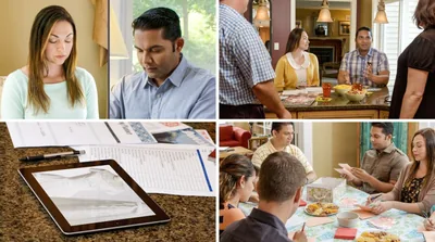 Collage: Scenes from the video ‘Weddings That Honor Jehovah.’ Nick and Juliana, a Christian couple, are planning their wedding and have many decisions to make. 1. The couple praying individually. 2. An electronic tablet and papers showing their research. 3. The couple discussing wedding plans with family. 4. The couple preparing wedding invitations with family and friends.