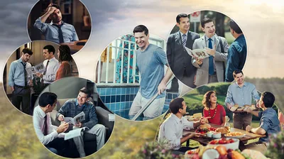 Collage: A man becomes a disciple. 1. The man sits at home after an exhausting day at work. 2. A couple in evening witnessing preach to the man. 3. The man studies the Bible with the brother who initially preached to him. 4. The man gets baptized. 5. The recently baptized brother preaches to another man. 6. The couple, the brother, and the man enjoy a meal together in Paradise.
