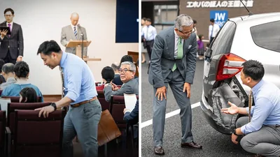 Collage: 1. A brother arriving late at a meeting and trying to find a seat in the back row. An older brother is looking at his watch and seems annoyed at the brother’s tardiness. 2. After the meeting, the brother that arrived late is showing the older brother the damage that was done to his car because of an accident on the way to the meeting.