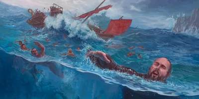 Paul and others swim or float on pieces of a ship wrecked off the Malta coast