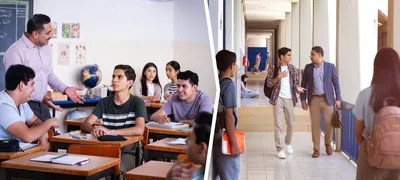 Collage: A reenactment of Ignacio at school. 1. He sits quietly and respectfully in a classroom as his teacher mocks him in front of other students. 2. Later, Ignacio’s teacher listens attentively as Ignacio speaks with him.