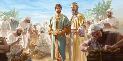 King David showing Solomon the craftsmen who are preparing the materials to be used in building the temple.