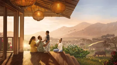 Parents with their son and daughter joyfully sitting on their porch that overlooks a beautiful, lush valley. A rhinoceros grazes nearby.