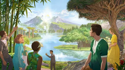 People enjoying life on a paradise earth. In the distance, a river flows from the symbolic city of New Jerusalem. Luxuriant trees grow on both sides of the river.