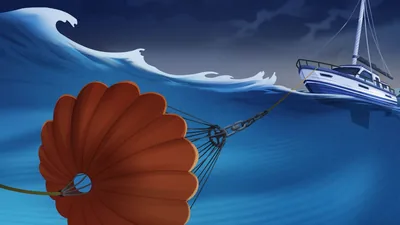 A submerged sea anchor attached to a sailboat, helping to keep the boat from drifting during a storm.