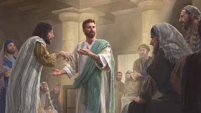 Jesus in a synagogue, speaking to Jewish religious leaders about the man with a withered hand whom he is about to heal. The religious leaders look at Jesus with contempt.