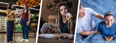 Collage: 1. A young woman at a supermarket accepts the “Enjoy Life Forever!” brochure from a sister. 2. The woman contemplates her smoking habit while reading the “Enjoy Life Forever!” book at home. 3. She gets baptized.