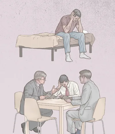 A brother sits on his bed, distraught because of his sin, but later he meets with two elders